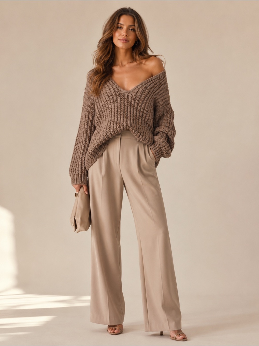 NWT V Neck Oversized Chenille Cable Knit Sweater - BROWN